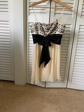 BCBG Max Azria Silk Chiffon Beaded Cocktail Dress Ivory Black Size 6